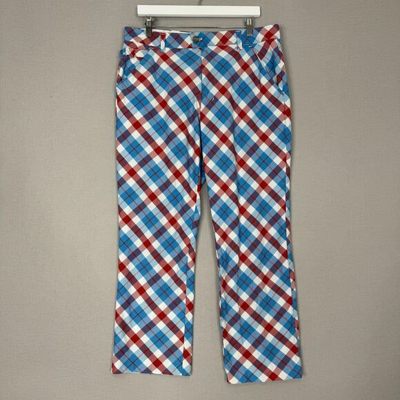 Royal & Awesome Pants Mens 34x30 Blue Plaid Golf Trousers Funky Loud Colorful - Picture 1 of 13